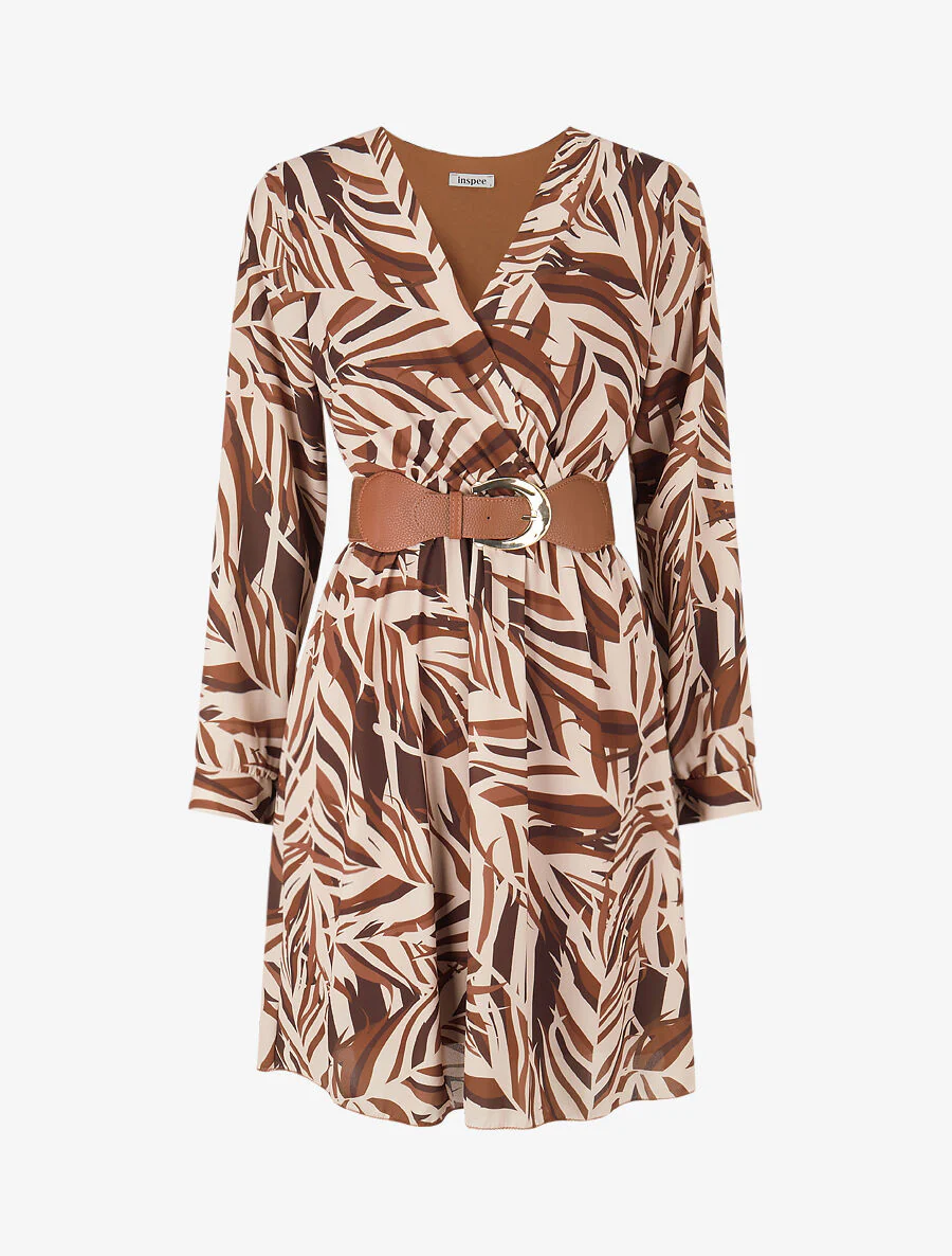 Robe patineuse imprimé feuillage stylisé - Marron