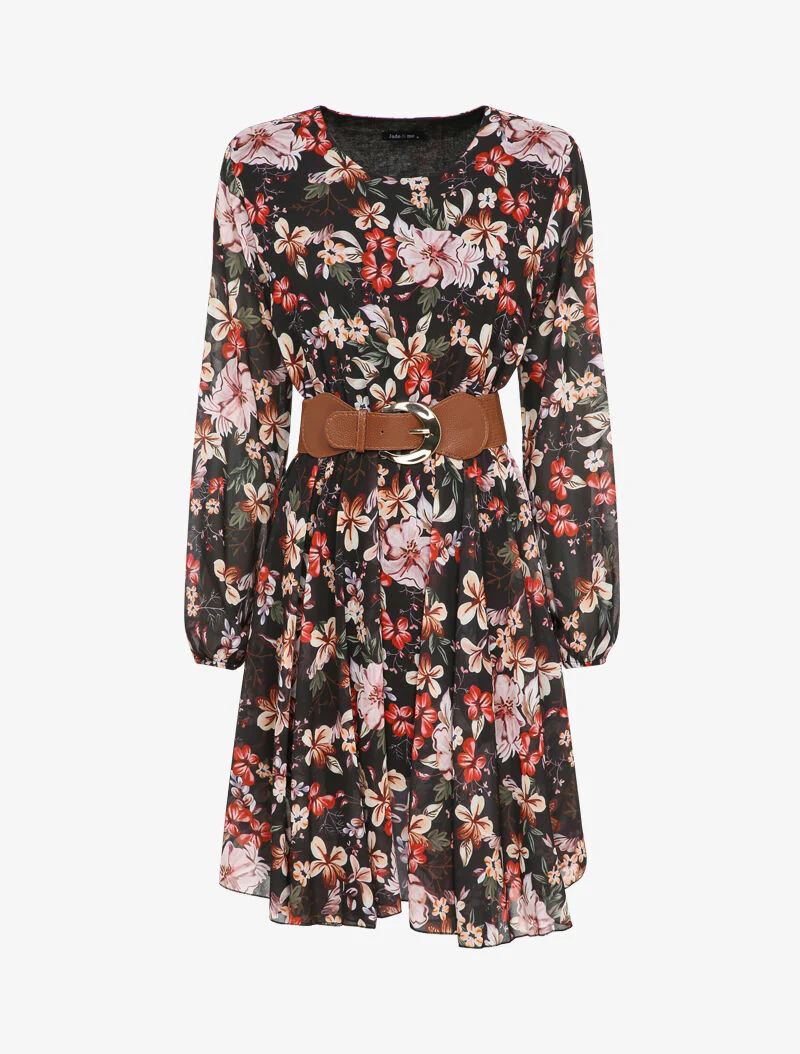 Robe patineuse imprimé fleurs d'automne à col rond - Noir