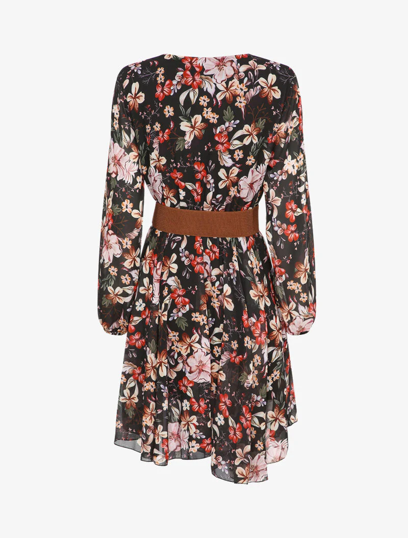 Robe patineuse imprimé fleurs d'automne à col rond - Noir - Image 2