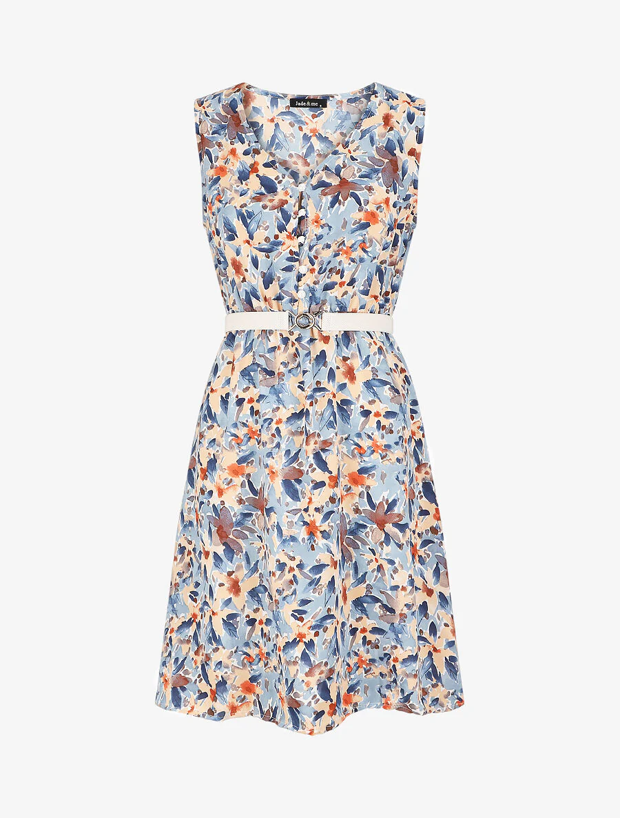 Robe patineuse imprimé fleurs d'été - Bleu ciel