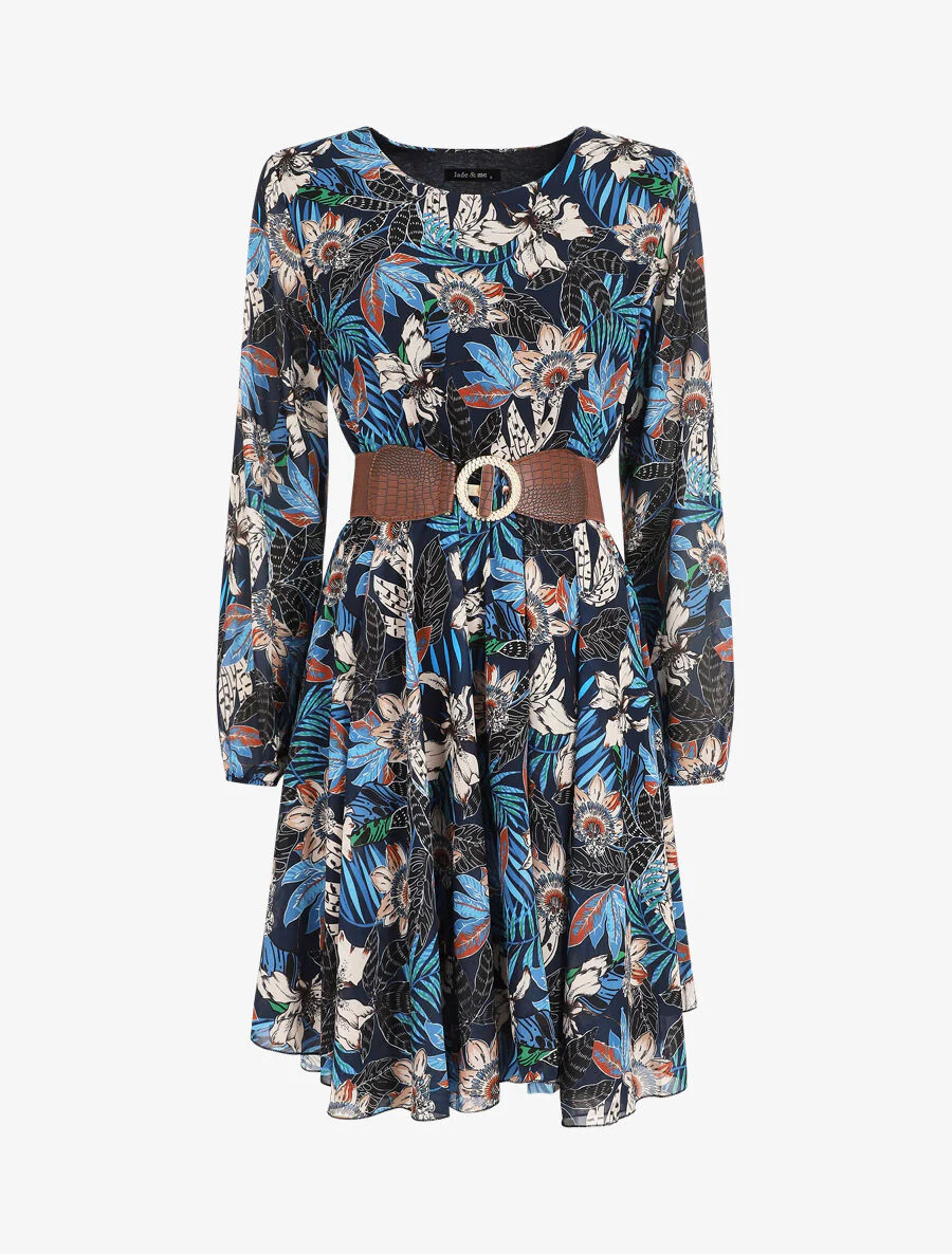 Robe patineuse imprimé orchidées - Marine