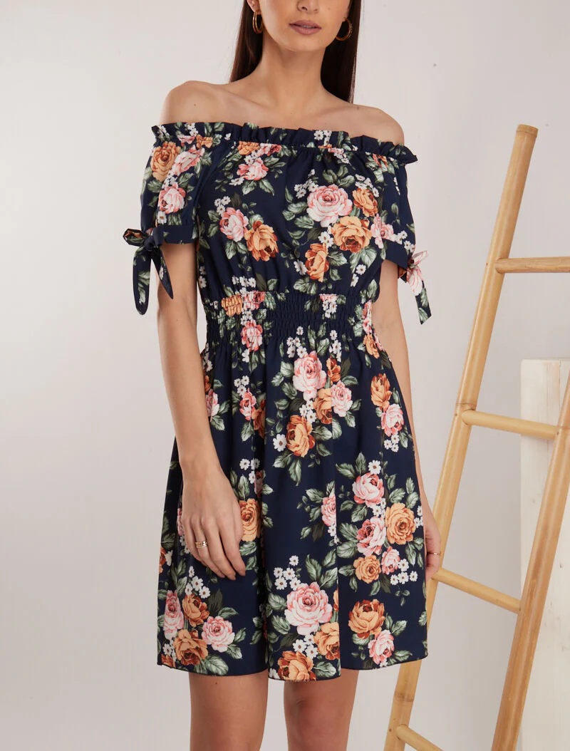 Robe patineuse imprimée à col bardot - marine