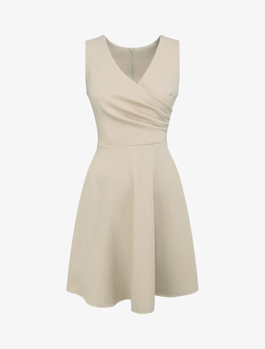 Robe patineuse mi-longue à col cache-coeur - Beige
