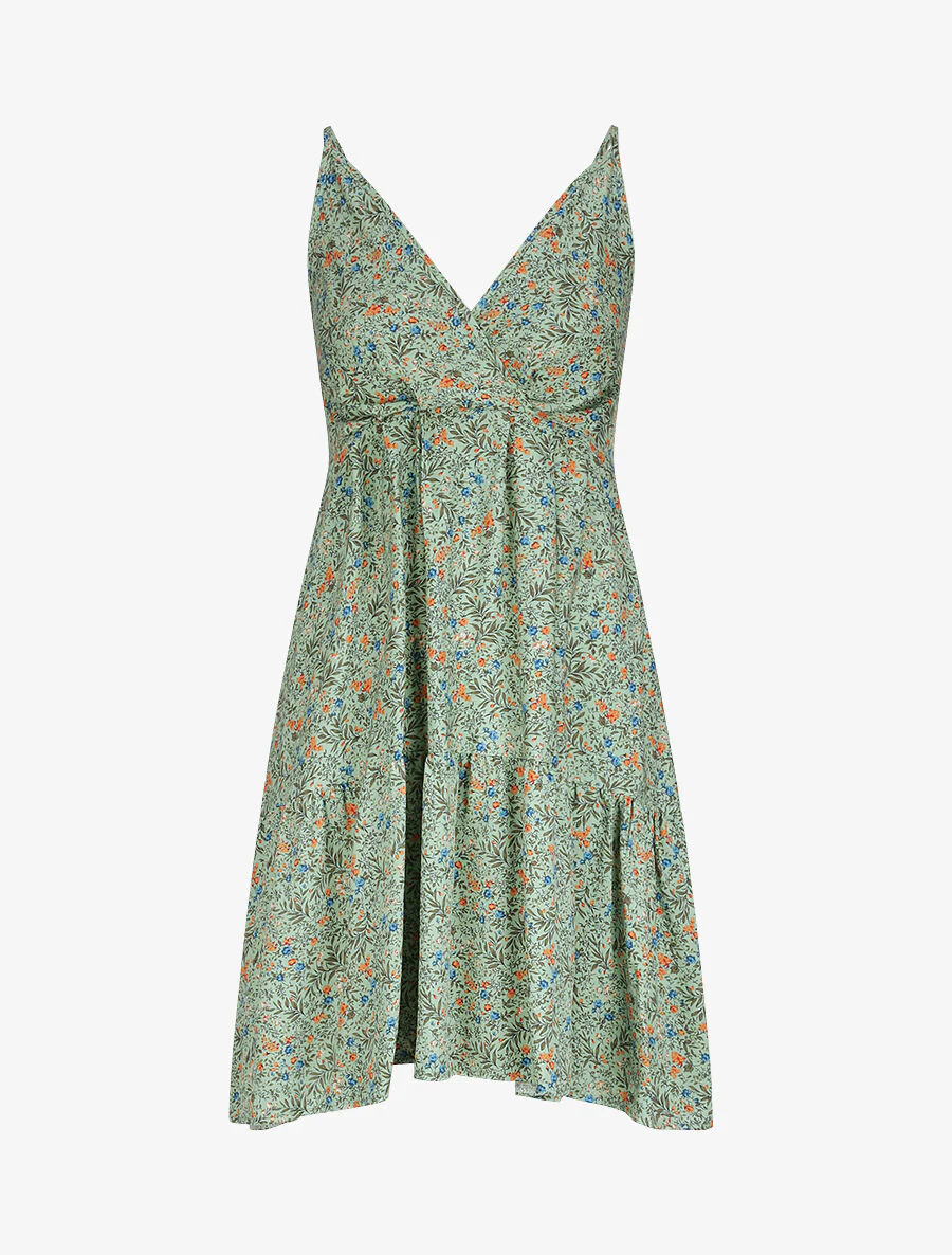 Robe patineuse mi-longue à imprimé fleurs champêtres - Vert tilleul