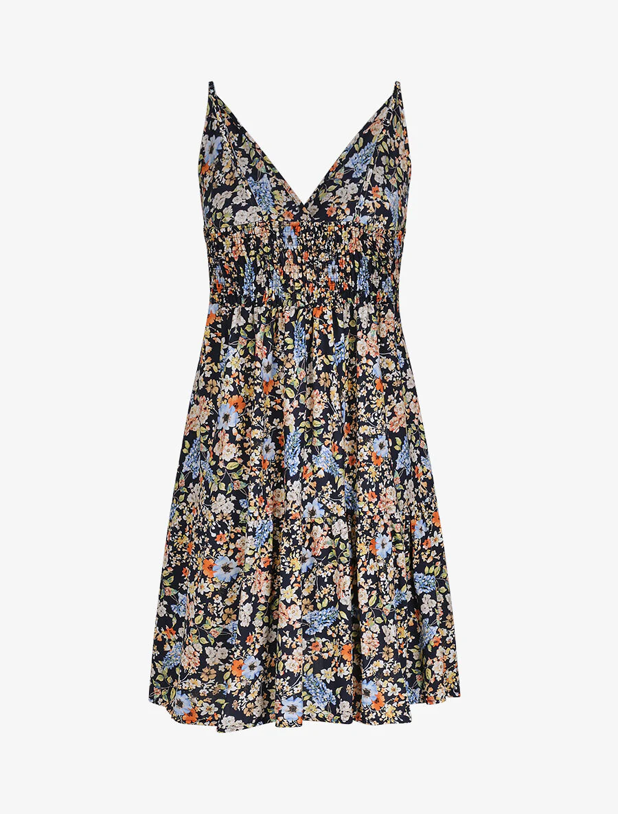 Robe patineuse mi-longue à imprimé fleurs printanières - Marine - Image 2