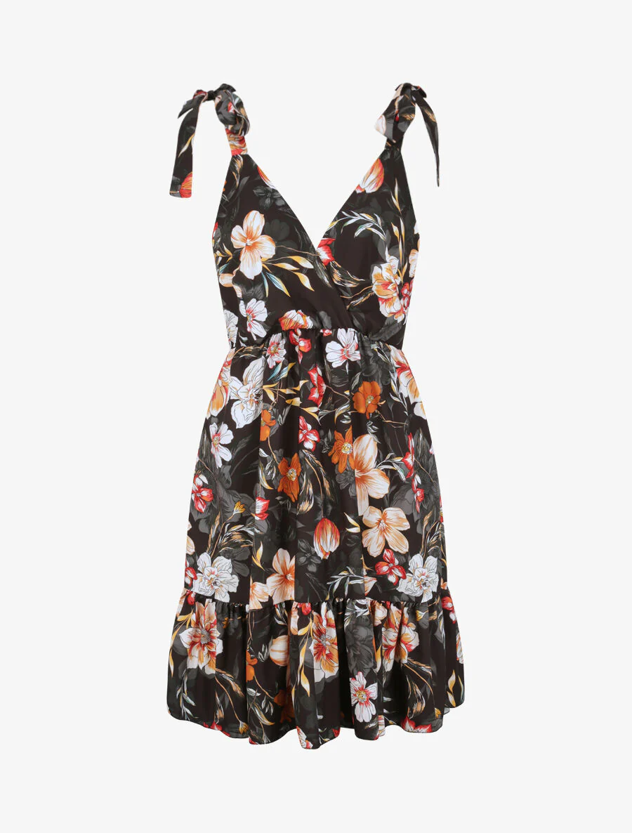 Robe patineuse mi-longue imprimé fleurs tropicales - Noir