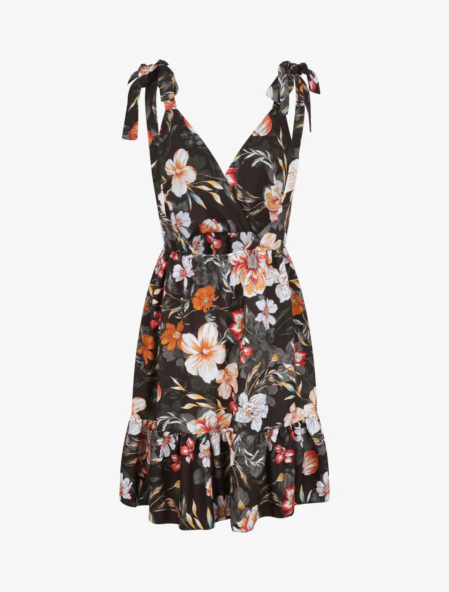 Robe patineuse mi-longue imprimé fleurs tropicales - Noir - Image 2