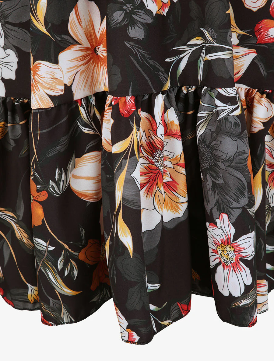 Robe patineuse mi-longue imprimé fleurs tropicales - Noir - Image 4