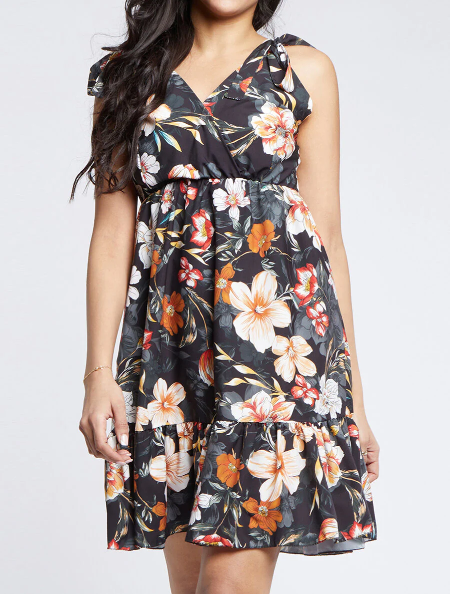 Robe patineuse mi-longue imprimé fleurs tropicales - Noir - Image 5