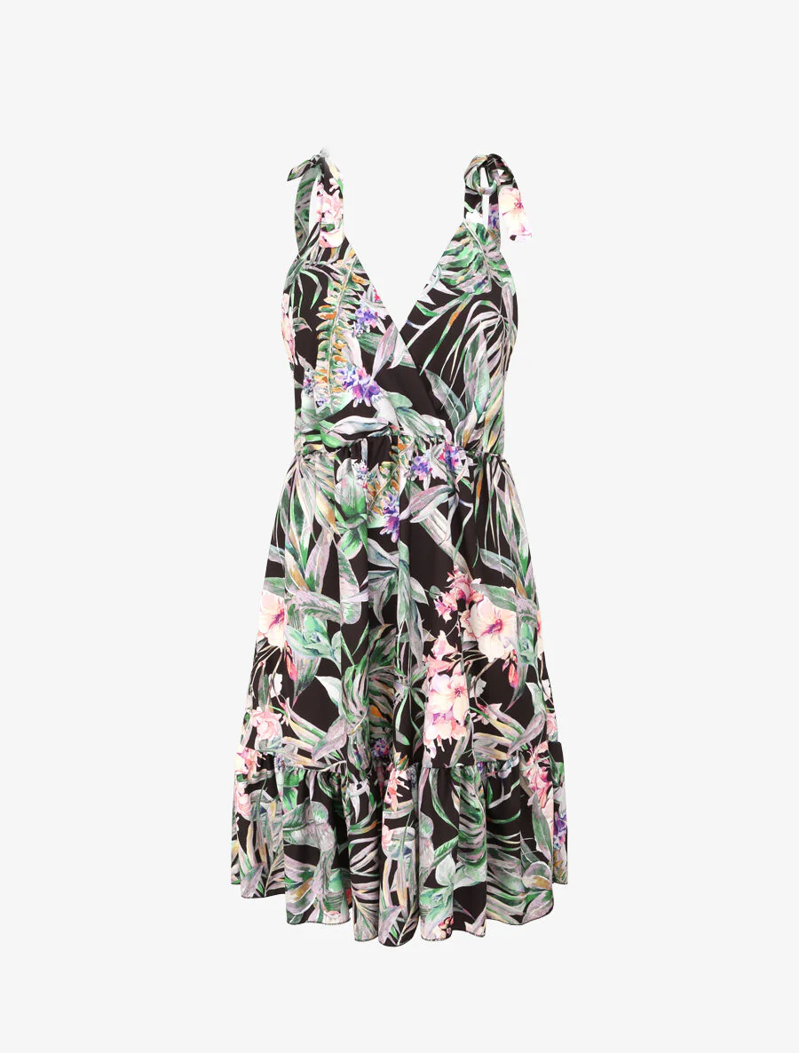 Robe patineuse mi-longue imprimé jungle tropicale - Noir