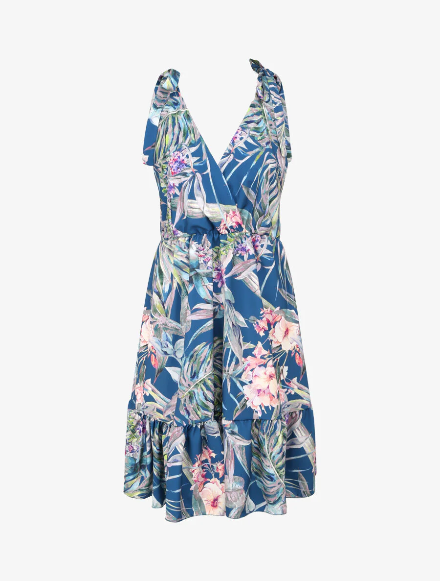 Robe patineuse mi-longue imprimé jungle tropicale - Bleu