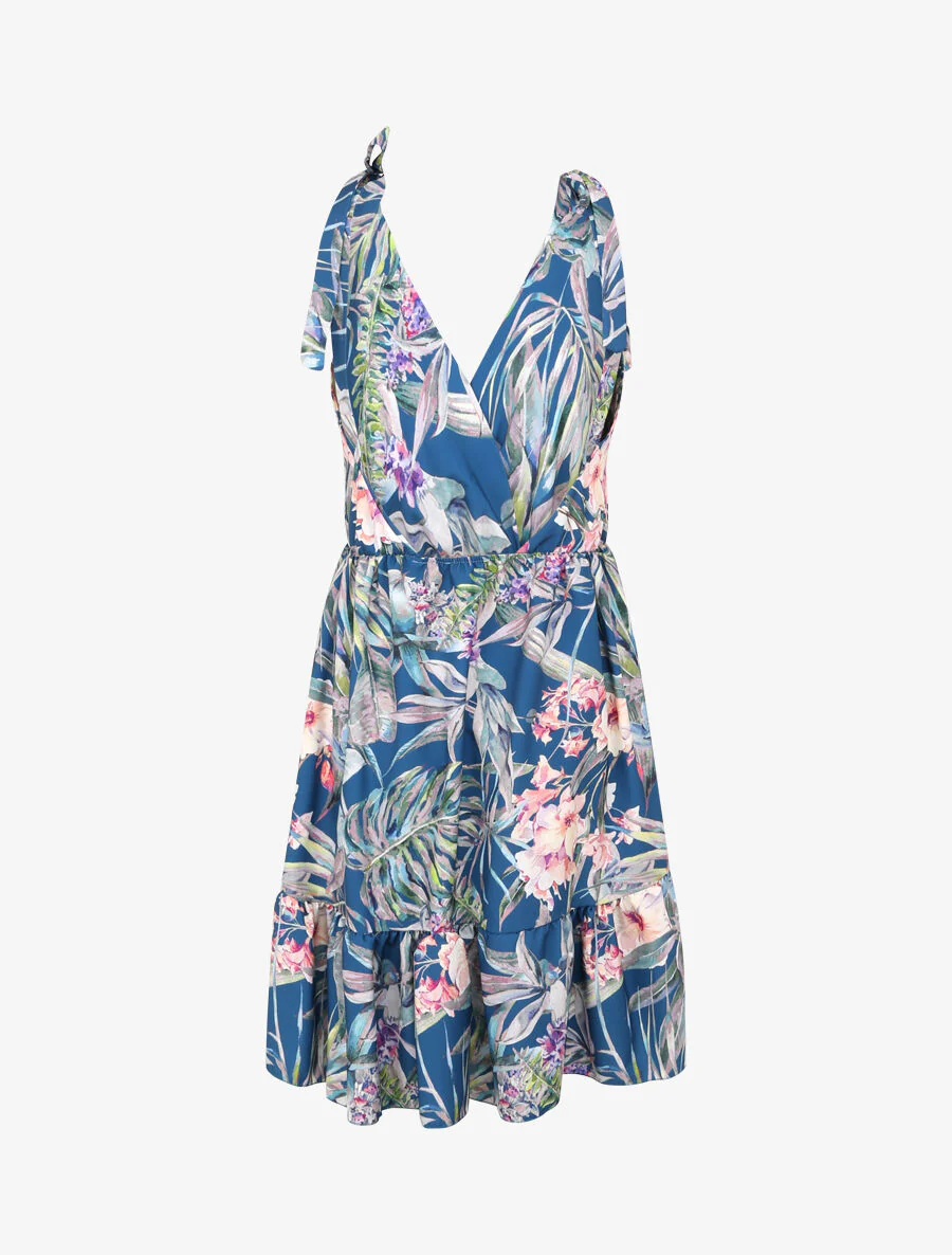 Robe patineuse mi-longue imprimé jungle tropicale - Bleu - Image 2