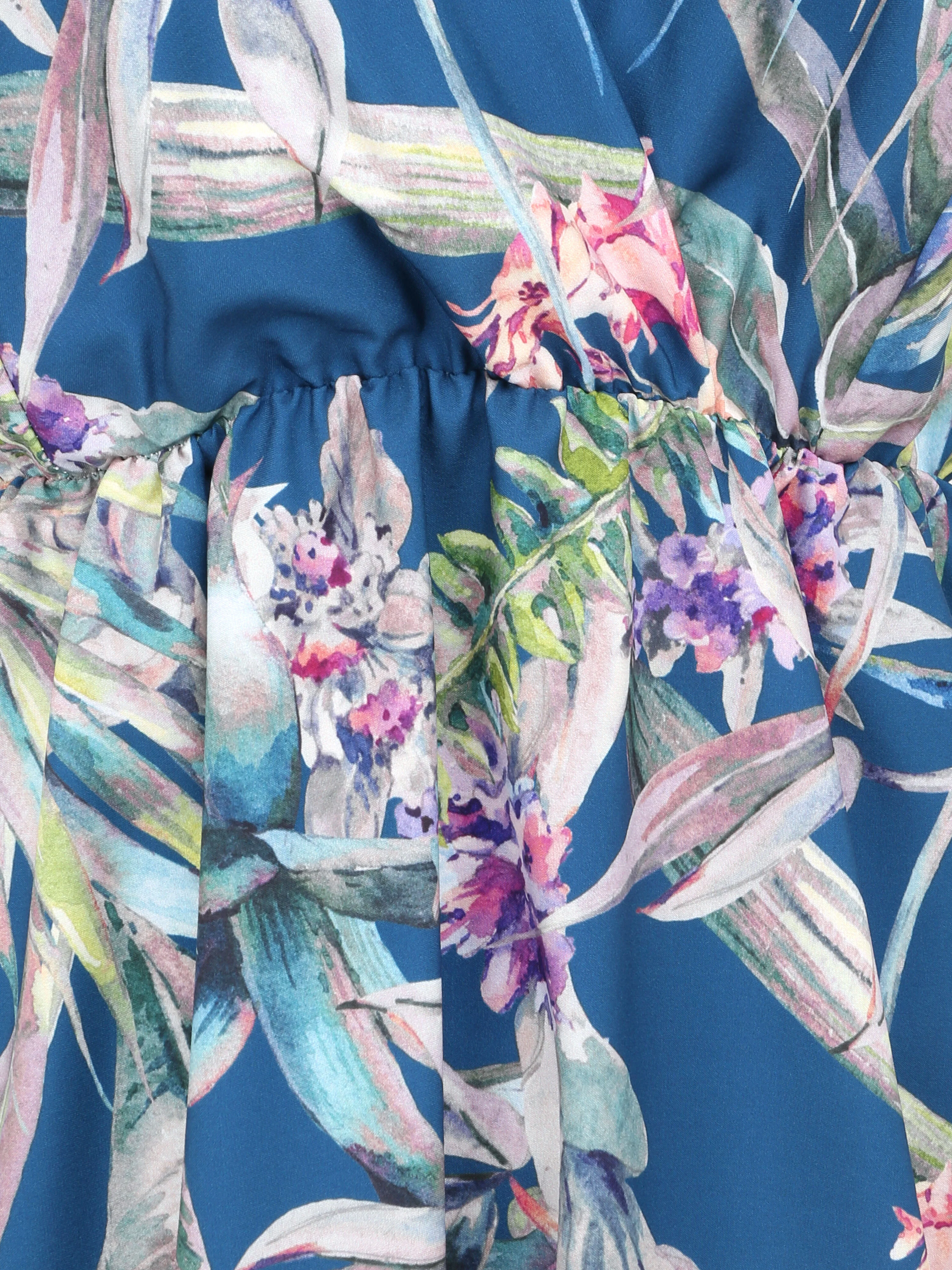 Robe patineuse mi-longue imprimé jungle tropicale - Bleu - Image 3