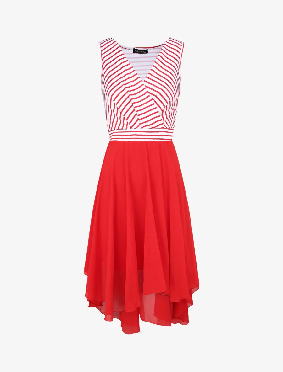 Robe patineuse rayée asymétrique à col cache-coeur - Rouge