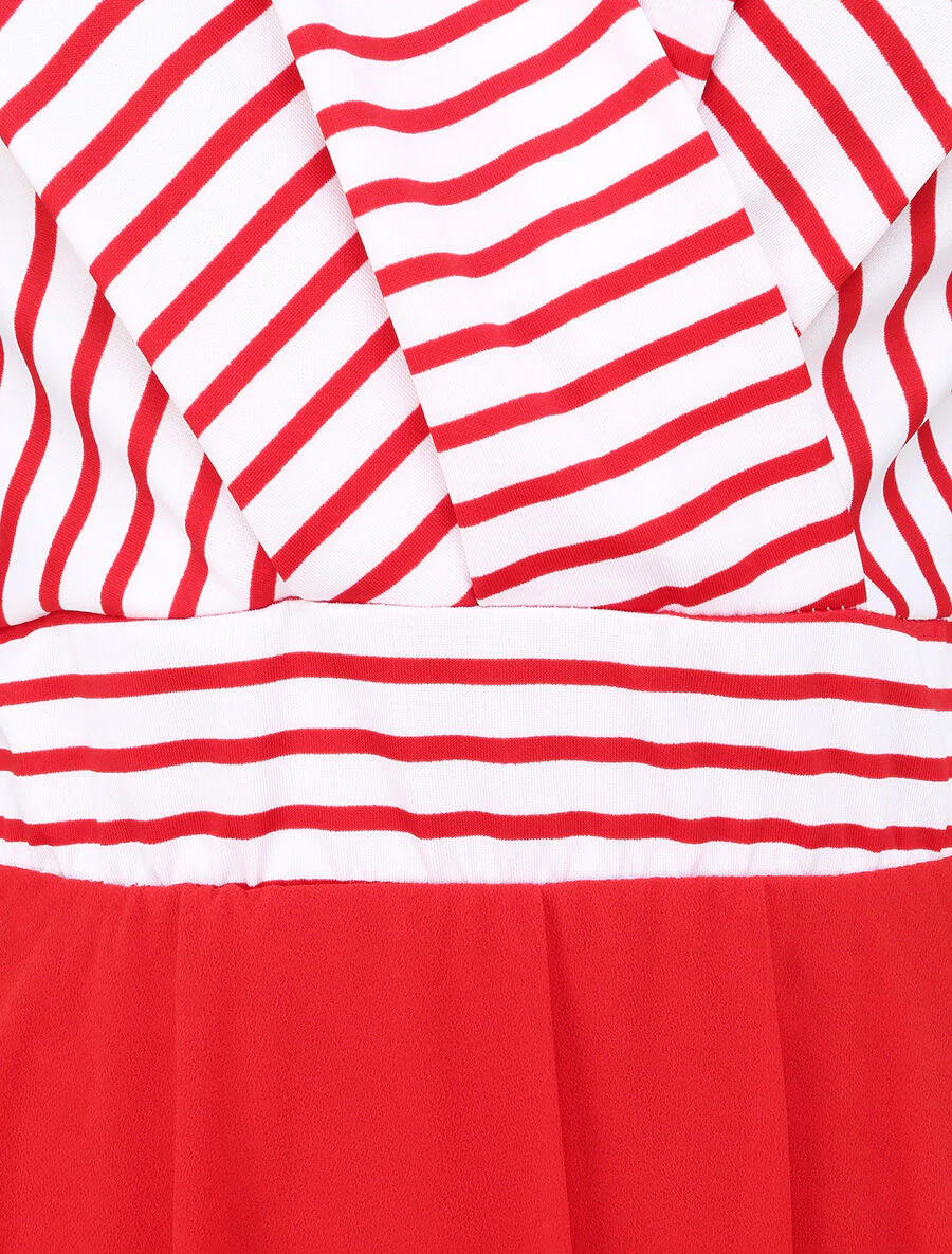 Robe patineuse rayée asymétrique à col cache-coeur - Rouge - Image 3