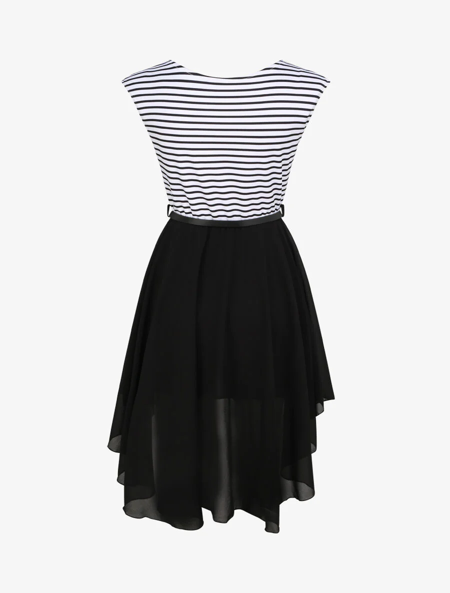 Robe patineuse rayée asymétrique à col rond - Noir - Image 2