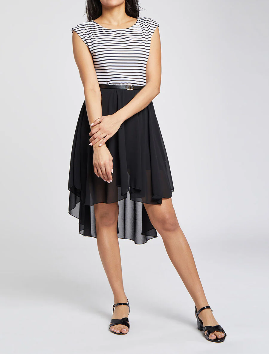 Robe patineuse rayée asymétrique à col rond - Noir - Image 4