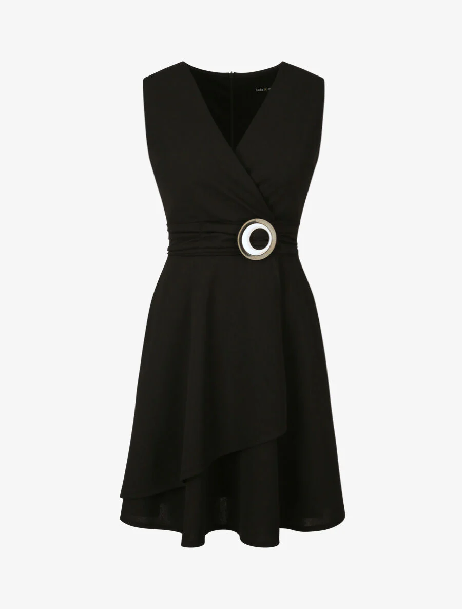 Robe patineuse sans manches à détail boucle ronde - Noir