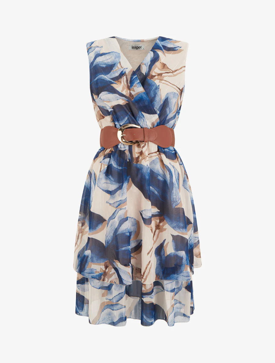 Robe patineuse sans manches imprimé grandes fleurs - Marine