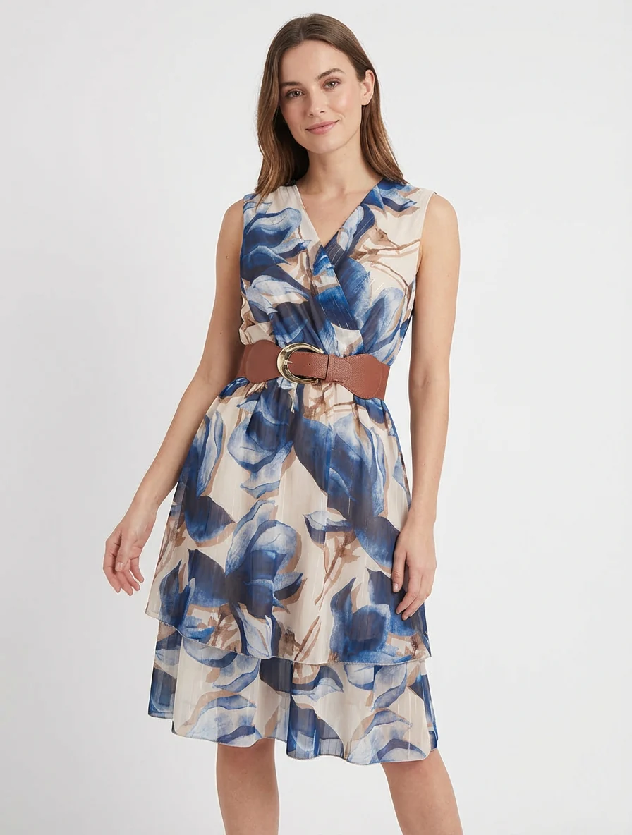 Robe patineuse sans manches imprimé grandes fleurs - Marine - Image 4