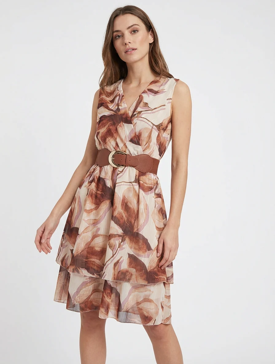 Robe patineuse sans manches imprimé grandes fleurs - Marron - Image 4
