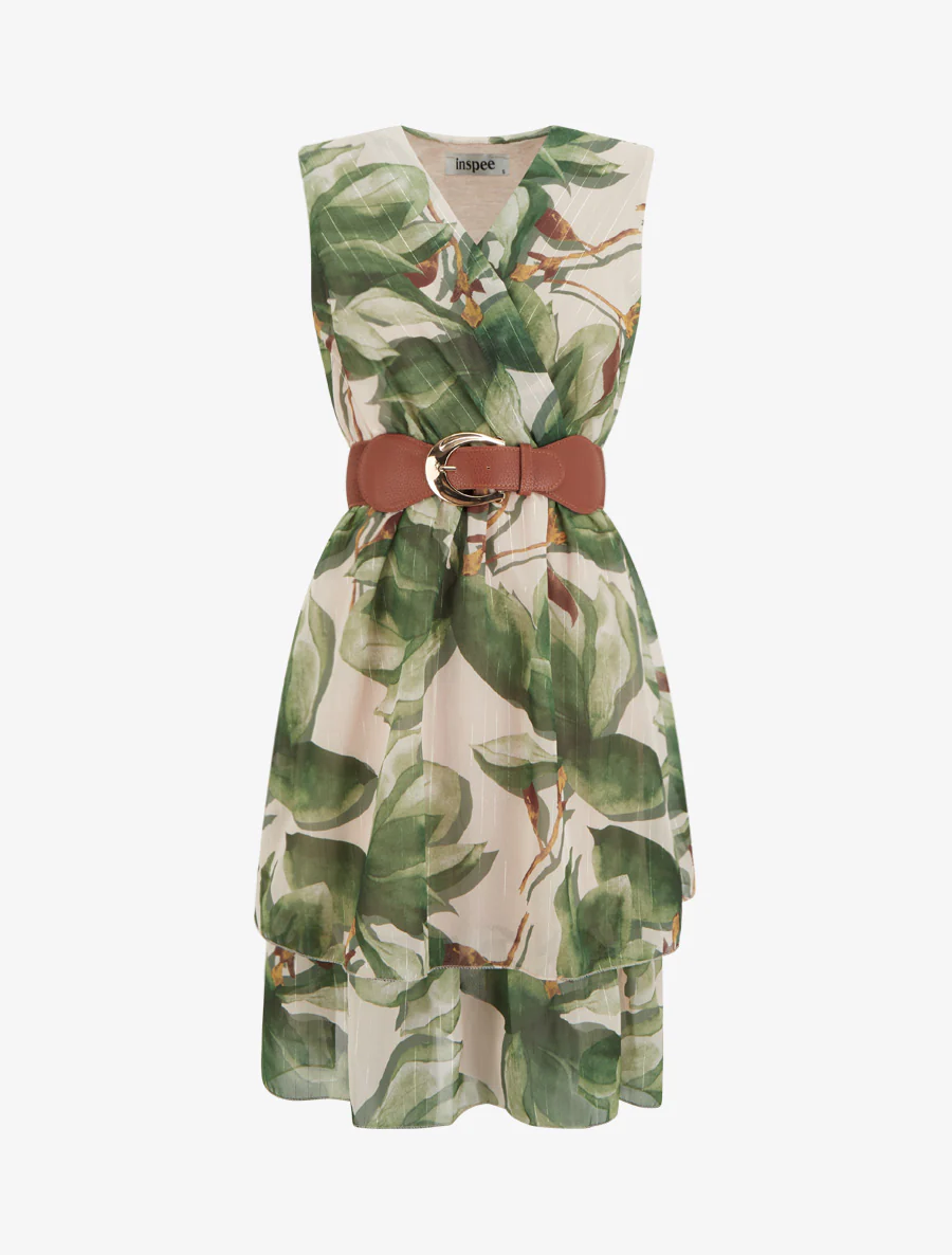 Robe patineuse sans manches imprimé grandes fleurs - Kaki