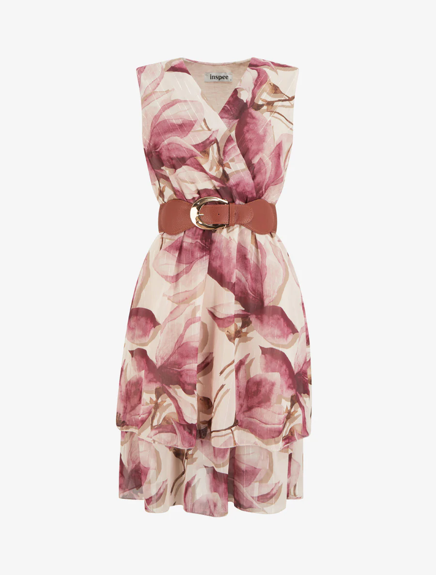 Robe patineuse sans manches imprimé grandes fleurs - Vieux rose