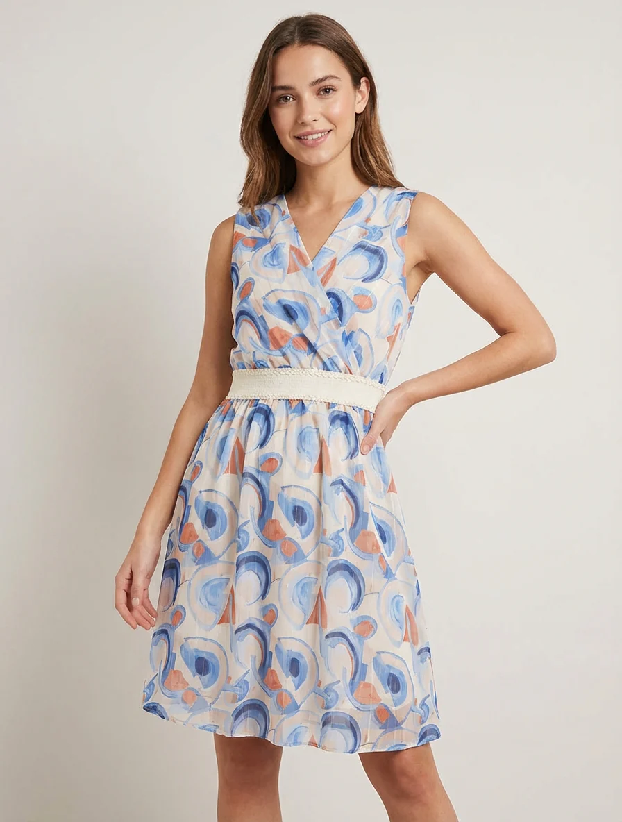 Robe patineuse sans manches imprimé graphique - Bleu ciel - Image 4