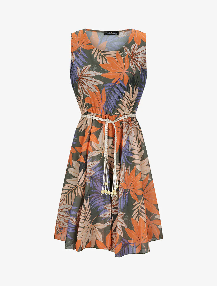Robe patineuse sans manches imprimé tropical - Kaki