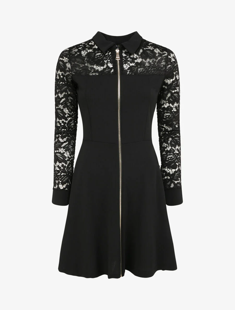 Robe patineuse unie à manches dentelle - Noir