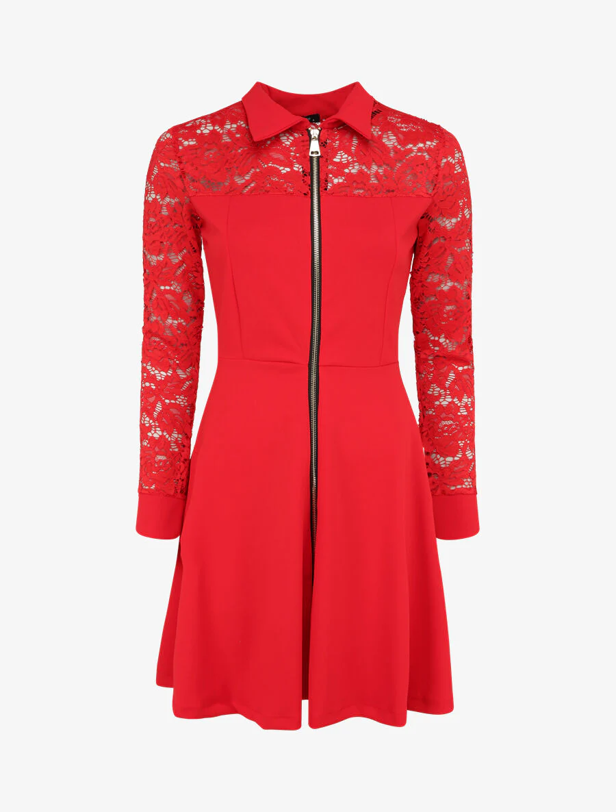 Robe patineuse unie à manches dentelle - Rouge