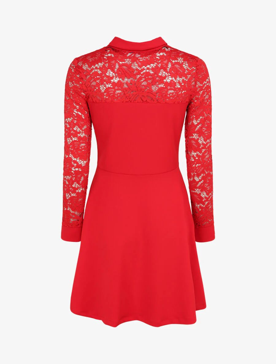 Robe patineuse unie à manches dentelle - Rouge - Image 2