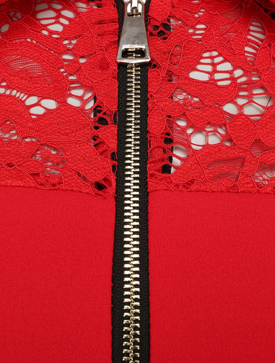 Robe patineuse unie à manches dentelle - Rouge - Image 3