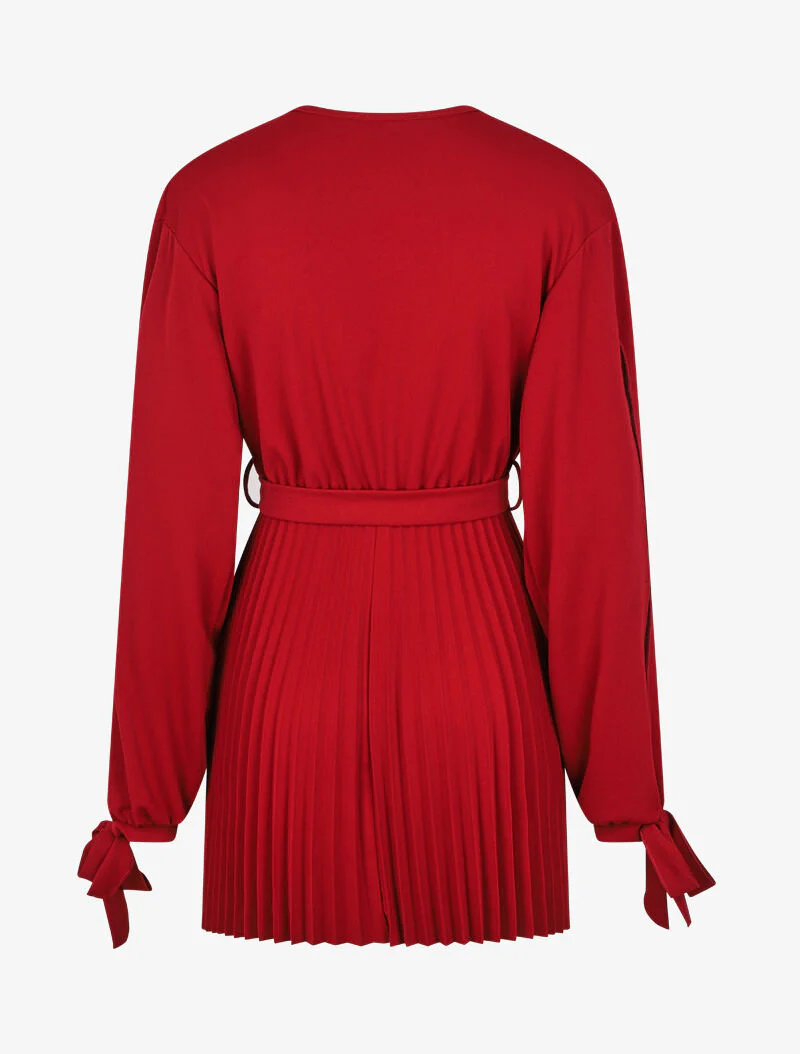 Robe plissée à col cache-coeur et poignets à nouer - Bordeaux - Image 2