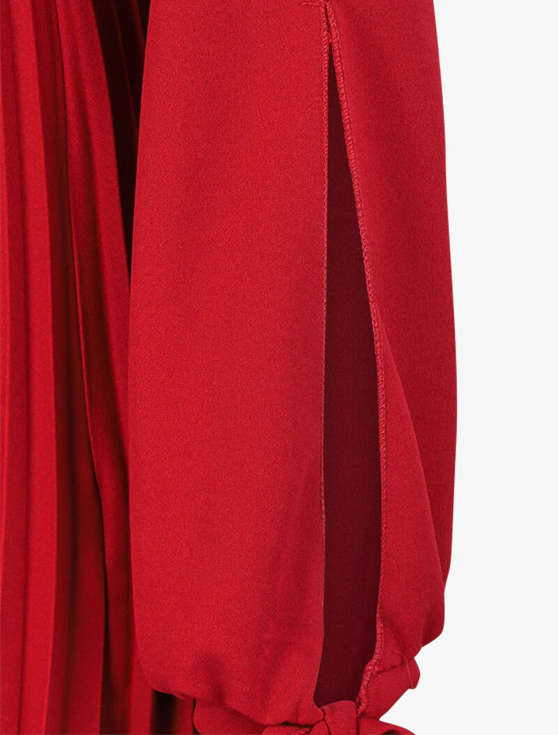 Robe plissée à col cache-coeur et poignets à nouer - Bordeaux - Image 3