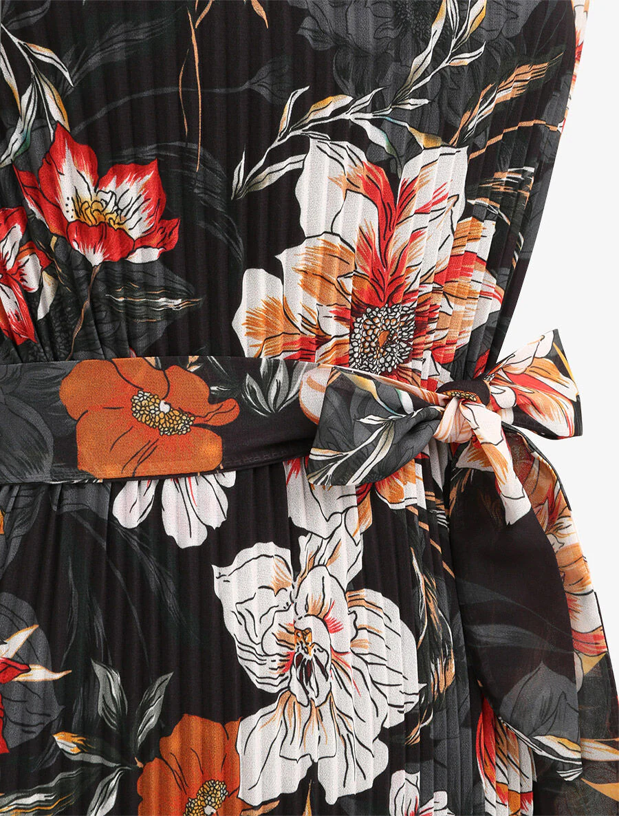 Robe plissée imprimé fleurs d'été - Noir - Image 3