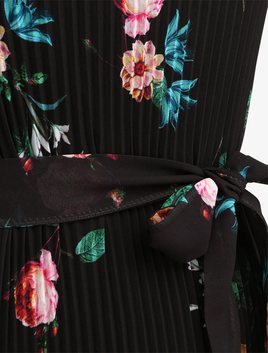 Robe plissée imprimé roses sauvages - Noir - Image 3