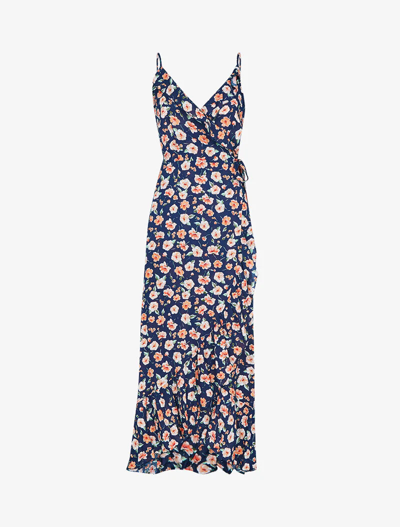 Robe portefeuille longue à imprimé champêtre - marine