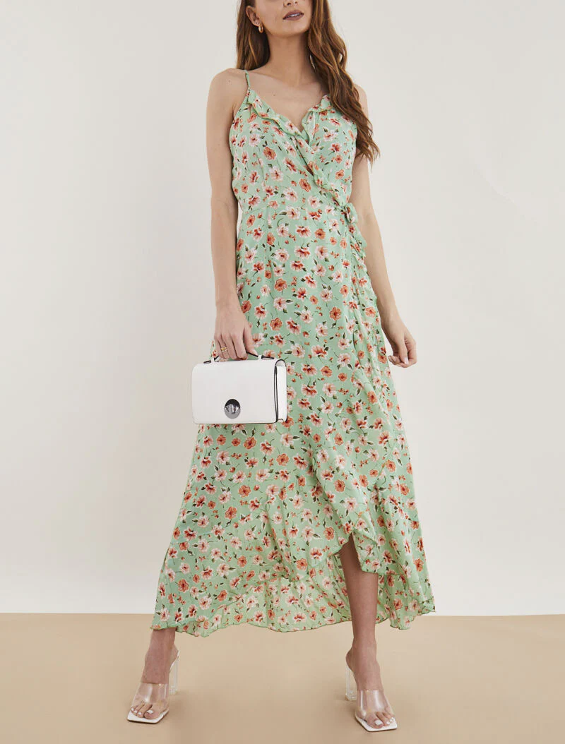 Robe portefeuille longue à imprimé champêtre - vert amande