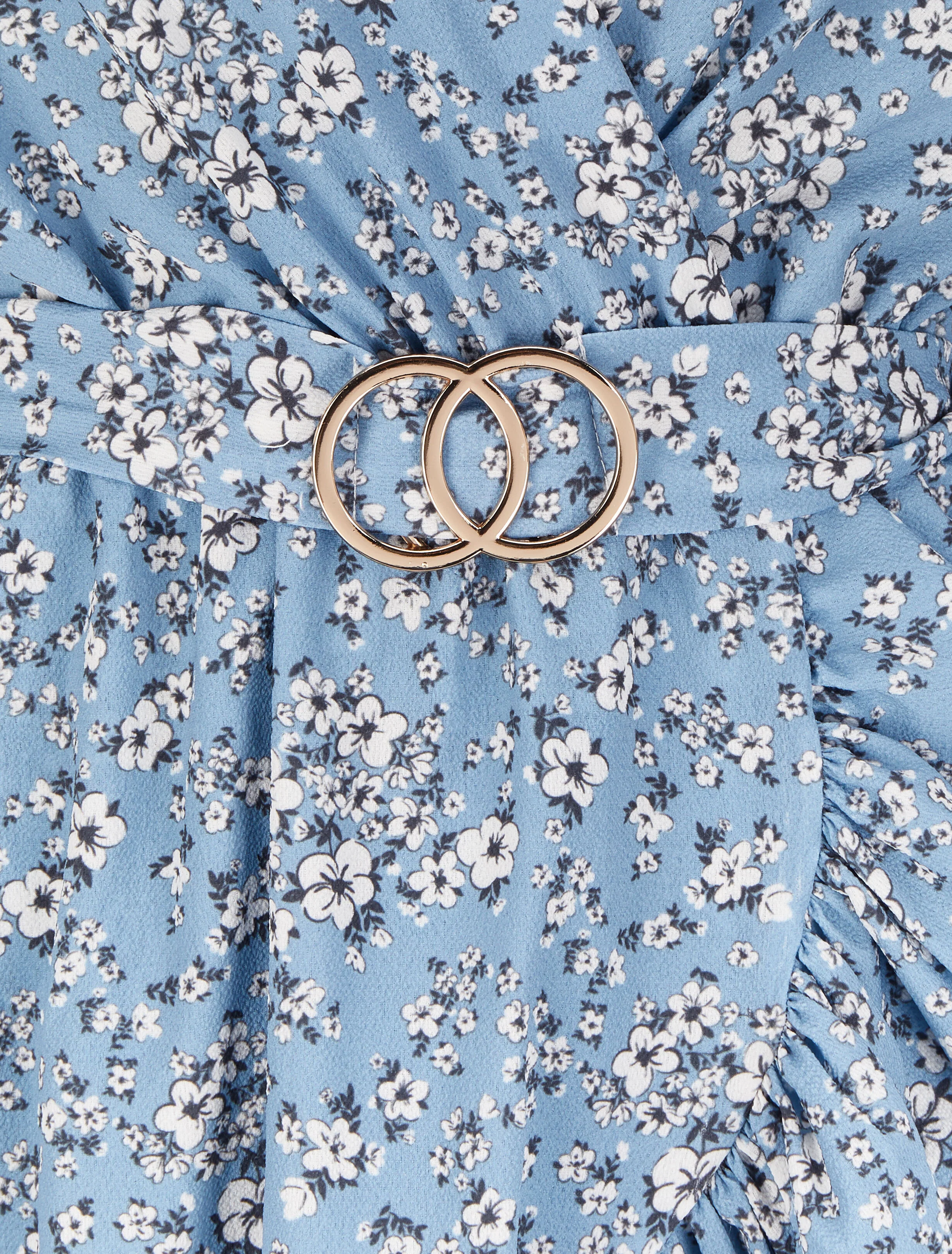 Robe portefeuille volantée à imprimé petites fleurs - Bleu ciel - Image 3