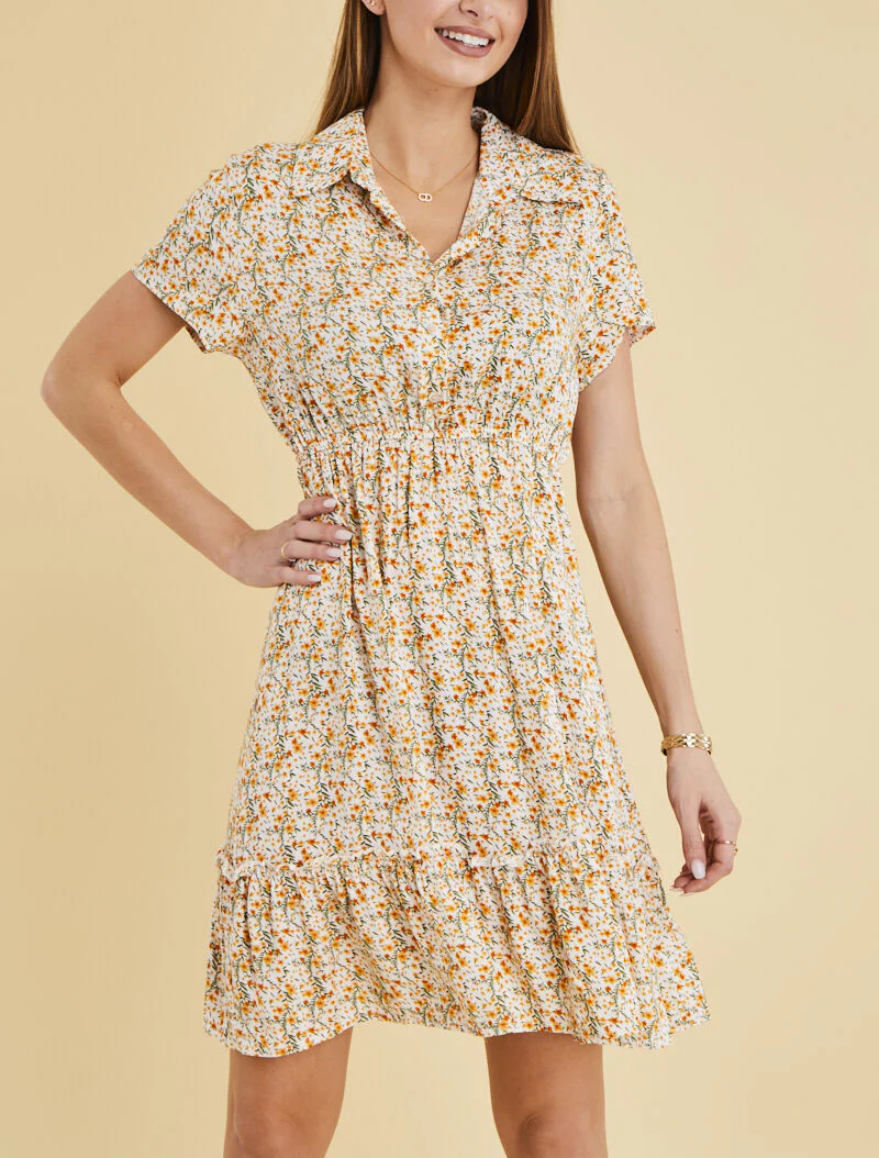 Robe printanière à col à pied et buste boutonné - ecru