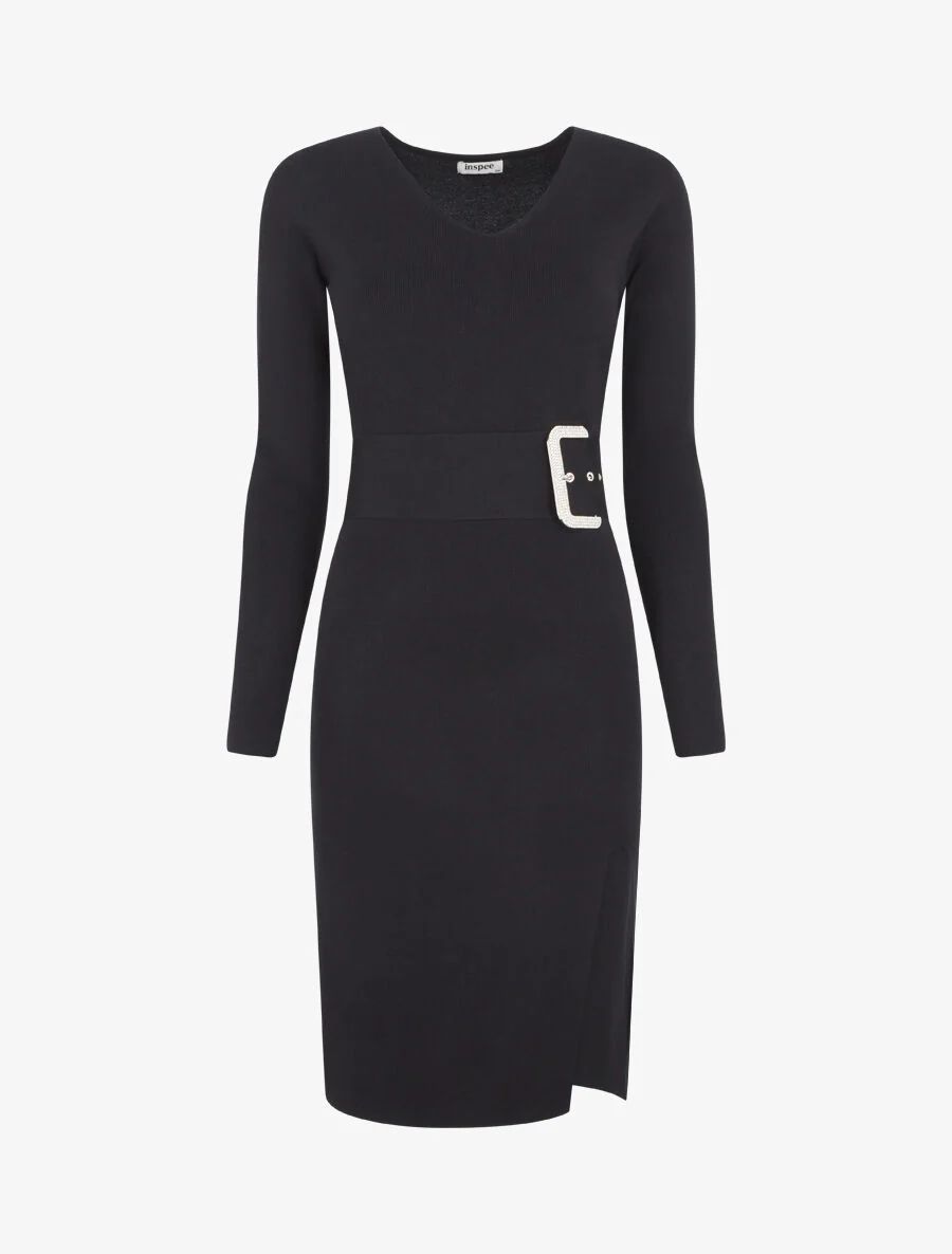 Robe pull à ceinture strassé trompe-l'oeil - Noir