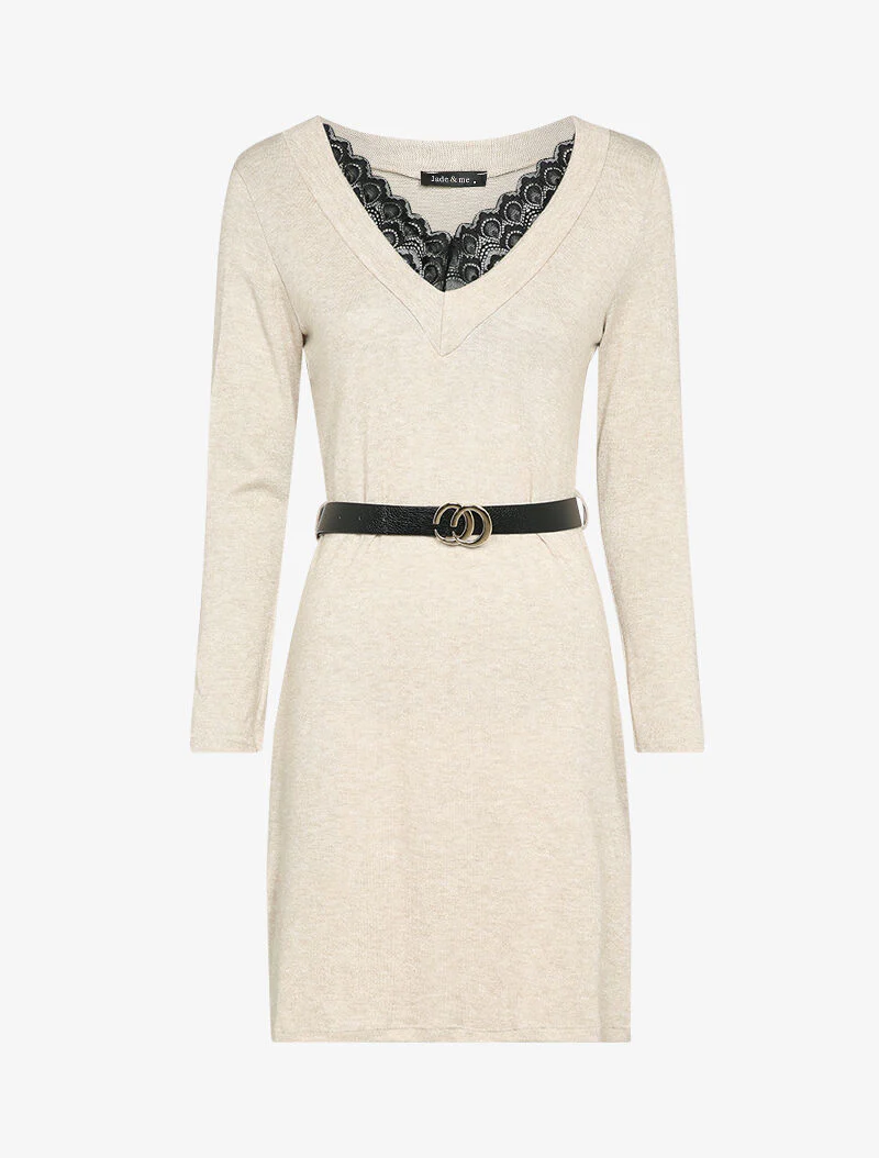 Robe pull à col V en dentelle - Beige