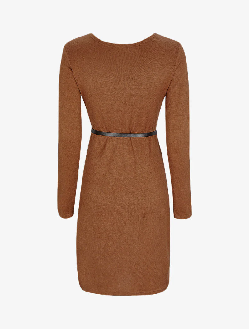 Robe pull à col V satiné - Camel - Image 2