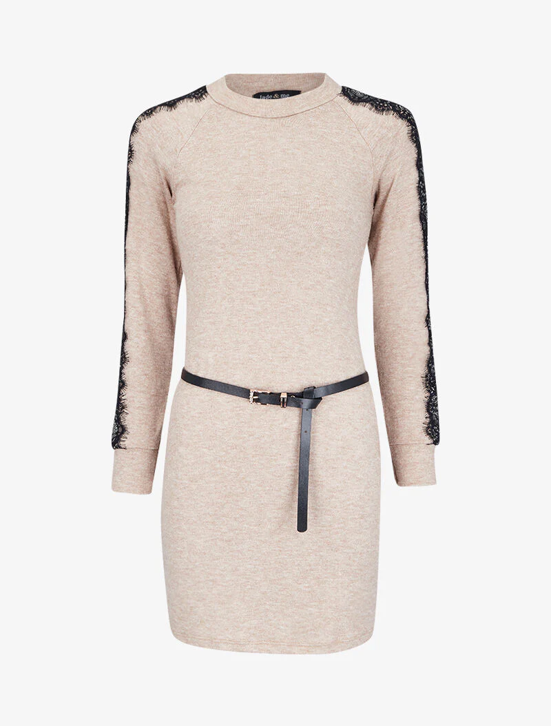 Robe pull à manches en dentelle - Beige