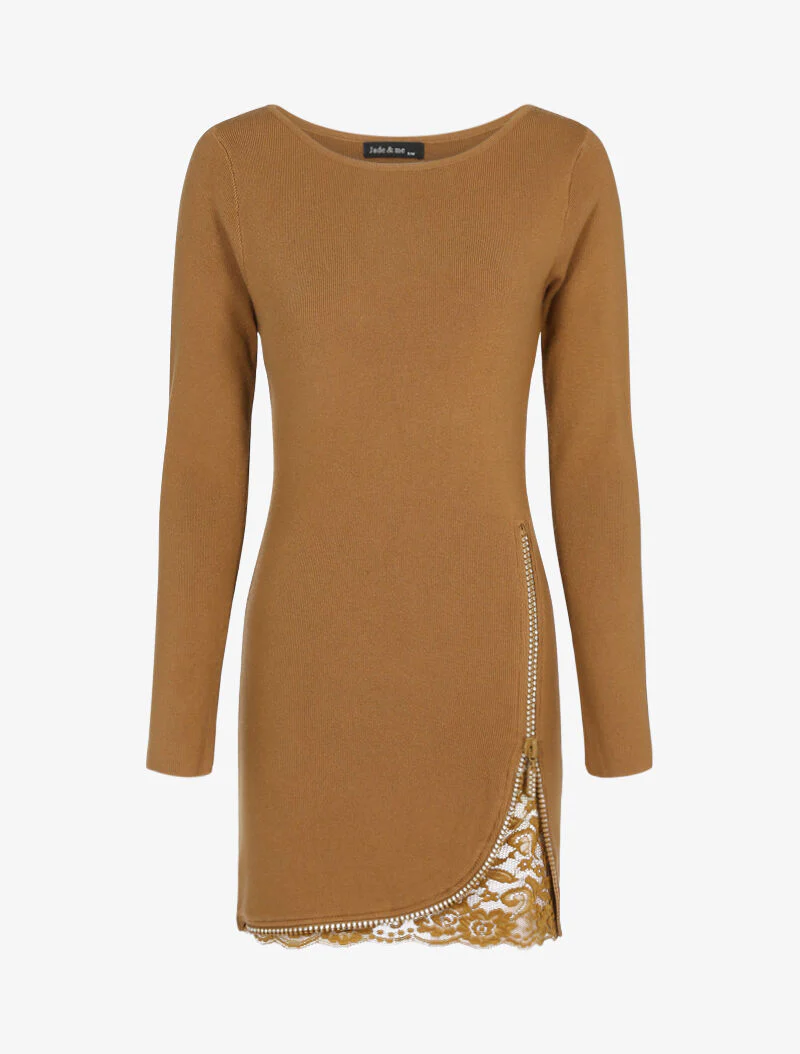 Robe pull à zip strassé et dentelle - camel