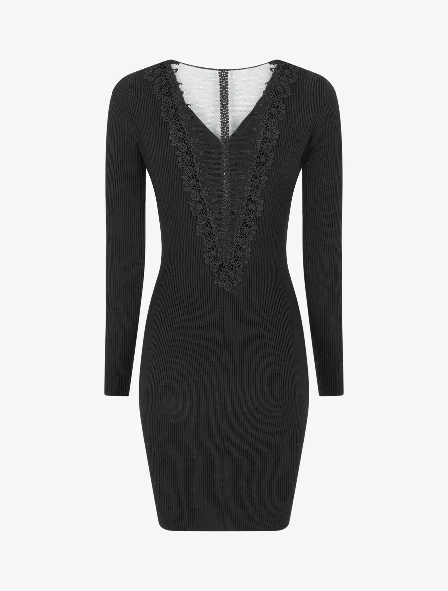 Robe pull côtelé à dos ajouré - Noir - Image 2