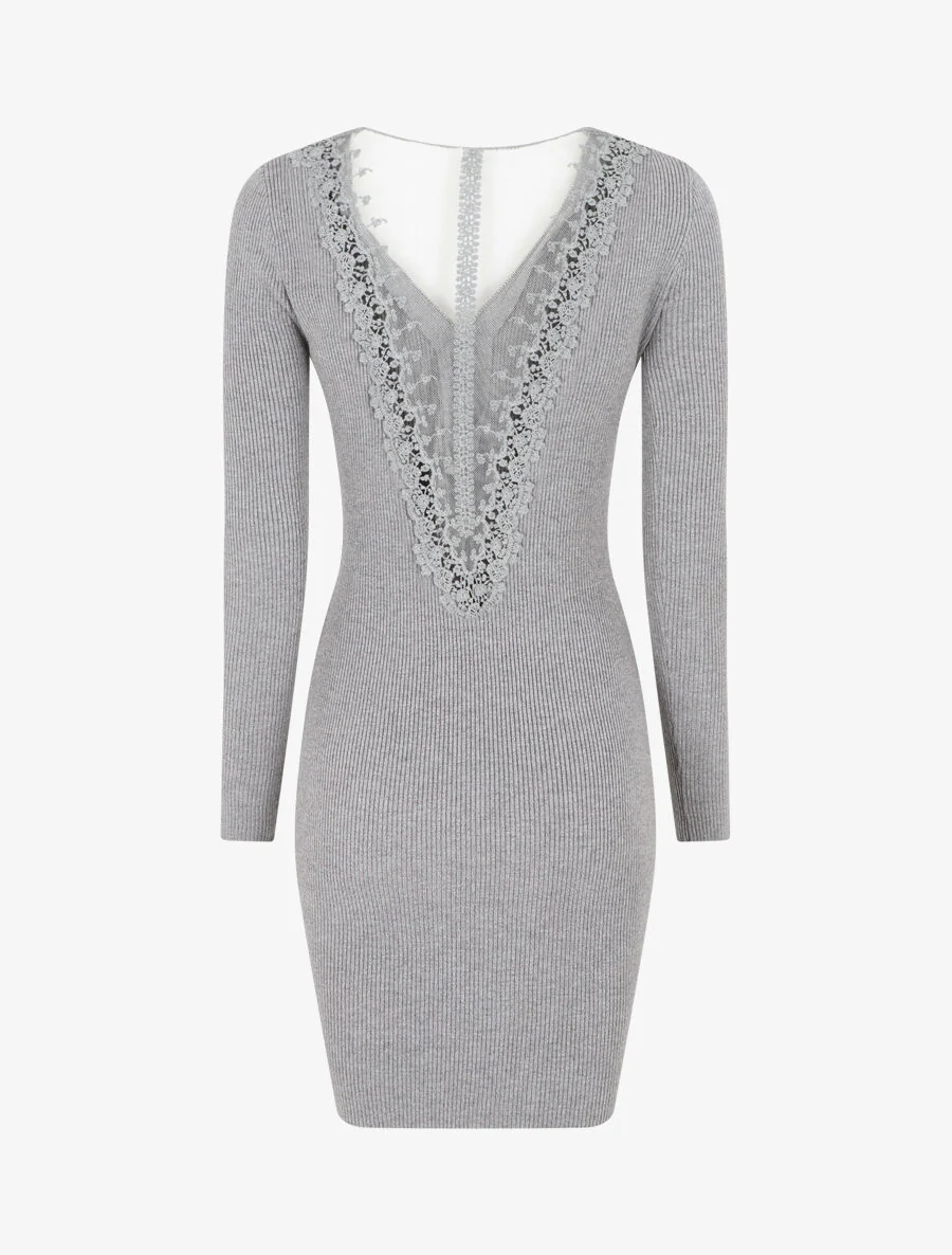 Robe pull côtelé à dos ajouré - Gris clair - Image 2