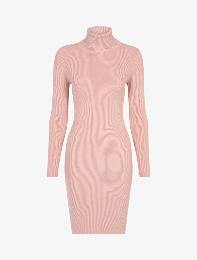 Robe-pull côtelée à col roulé - rose