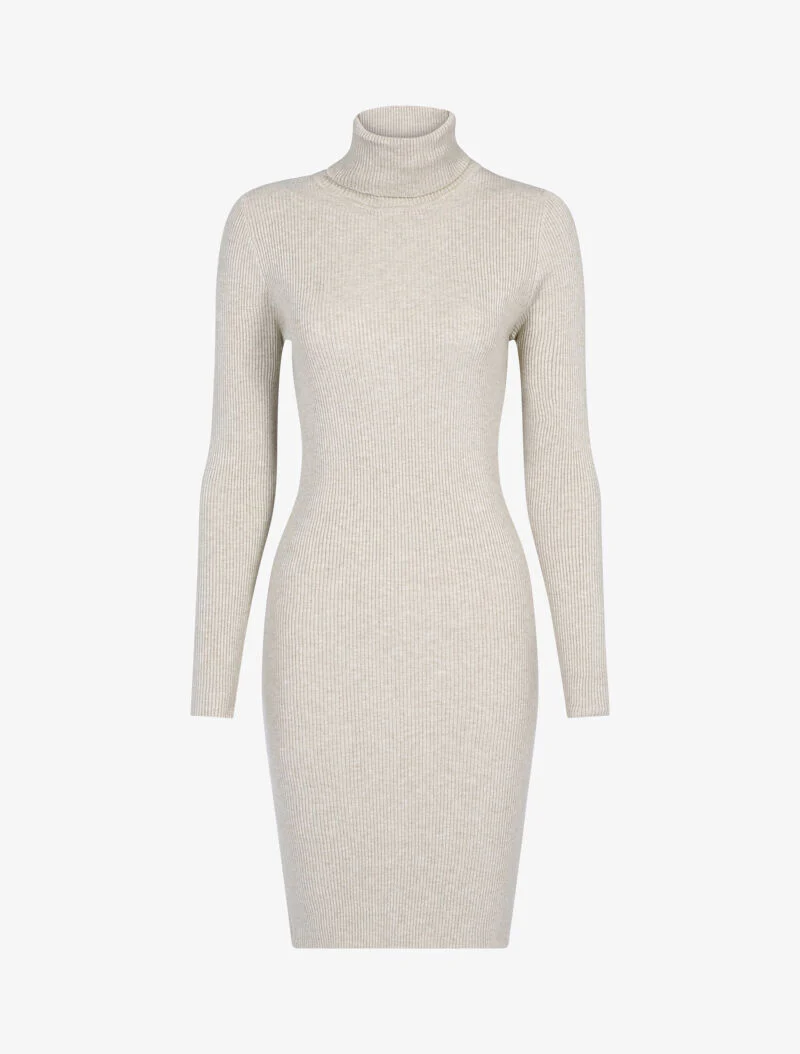 Robe-pull côtelée à col roulé - taupe
